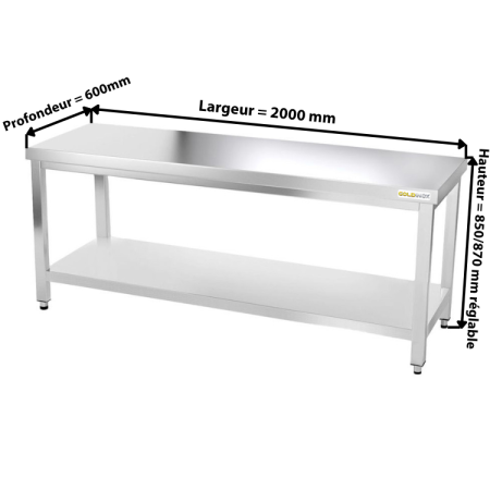 Table de travail en inox 2000 x 600 mm PREMIUM / GOLDINOX