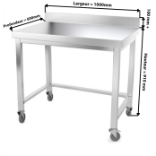 Table inox 1000 x 600 mm adossée avec renfort sur roulettes / GOLDINOX