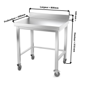Table inox 800 x 600 mm adossée avec renfort sur roulettes / GOLDINOX