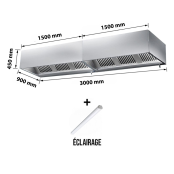 Hotte caisson sans moteur 3000 x 900 x 450 mm avec éclairage, filtre et robinet de vidange PREMIUM / GOLDINOX