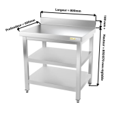 Table inox 800 x 600 mm adossée avec 2 étagères / GOLDINOX