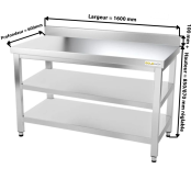Table inox 1600 x 600 mm adossée avec 2 étagères / GOLDINOX