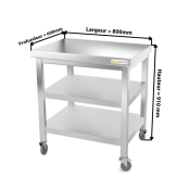 Table inox 800 x 600 mm avec 2 étagères sur roulettes / GOLDINOX