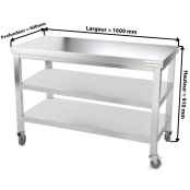 Table inox 1600 x 600 mm avec 2 étagères sur roulettes / GOLDINOX