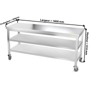 Table inox 1800 x 600 mm avec 2 étagères sur roulettes / GOLDINOX