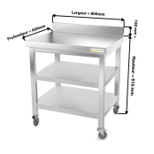 Table inox 800 x 600 mm adossée avec 2 étagères sur roulettes / GOLDINOX