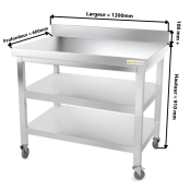 Table inox 1200 x 600 mm adossée avec 2 étagères sur roulettes / GOLDINOX