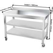 Table inox 1600 x 600 mm adossée avec 2 étagères sur roulettes / GOLDINOX