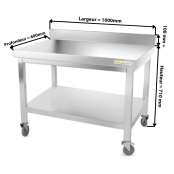 Table inox soubassement 1000 x 600 mm adossée sur roulettes / GOLDINOX 