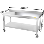 Table inox soubassement 1500 x 600 mm adossée sur roulettes / GOLDINOX 