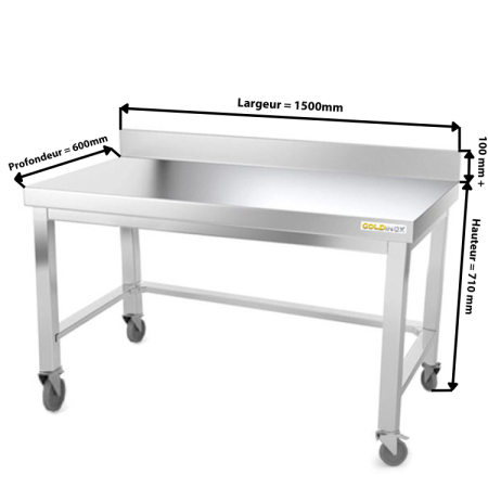 Table inox soubassement 1500 x 600 mm adossée avec renfort sur roulettes / GOLDINOX 
