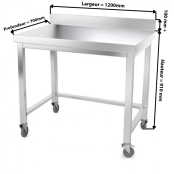 Table inox 1200 x 700 mm adossée avec renfort sur roulettes / GOLDINOX