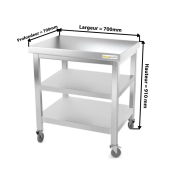 Table inox 700 x 700 mm avec 2 étagères sur roulettes / GOLDINOX