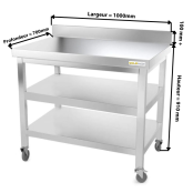 Table inox 1000 x 700 mm adossée avec 2 étagères sur roulettes / GOLDINOX