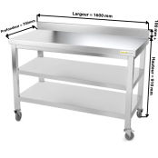 Table inox 1600 x 700 mm adossée avec 2 étagères sur roulettes / GOLDINOX