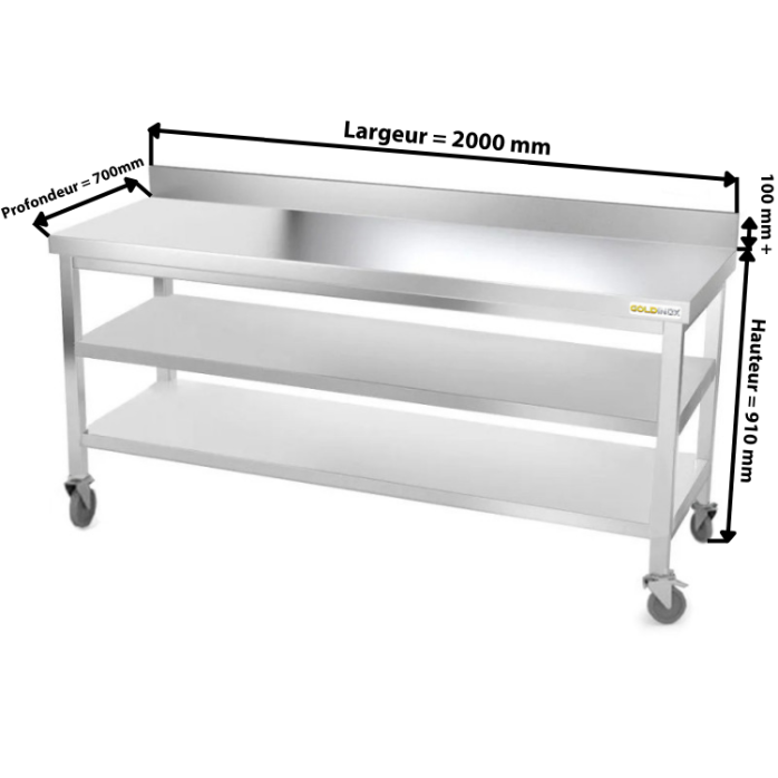 Table inox 2000 x 700 mm adossée avec 2 étagères sur roulettes / GOLDINOX