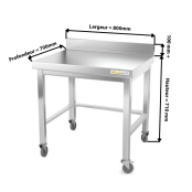 Table inox soubassement 800 x 700 mm adossée avec renfort sur roulettes / GOLDINOX 