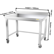 Table inox soubassement 1000 x 700 mm adossée avec renfort sur roulettes / GOLDINOX 