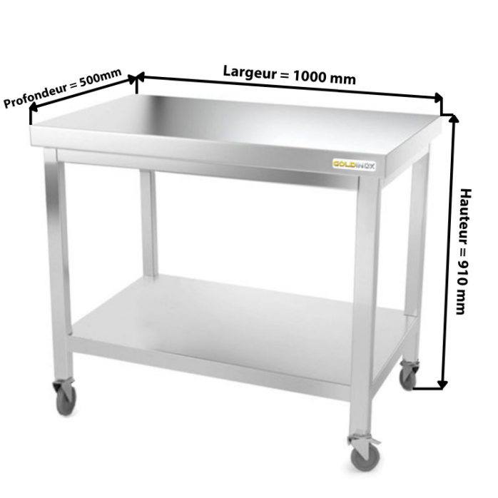 Table inox 1000 x 500 mm sur roulettes / GOLDINOX