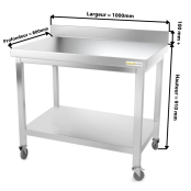 Table inox 1000 x 800 mm adossée sur roulettes / GOLDINOX
