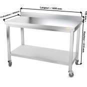 Table inox 1400 x 800 mm adossée sur roulettes / GOLDINOX