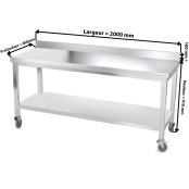 Table inox 2000 x 800 mm adossée sur roulettes / GOLDINOX