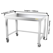 Table inox soubassement 1200 x 700 mm avec renfort sur roulettes / GOLDINOX