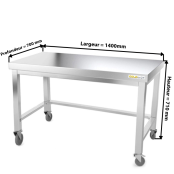 Table inox soubassement 1400 x 700 mm avec renfort sur roulettes / GOLDINOX
