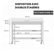 Table inox 1500 x 700 mm adossée avec 2 étagères sur roulettes / GOLDINOX