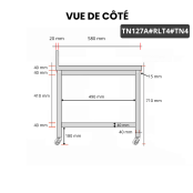 Table inox soubassement 1200 x 700 mm adossée sur roulettes / GOLDINOX