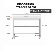 Table inox soubassement 1500 x 700 mm adossée avec renfort sur roulettes / GOLDINOX