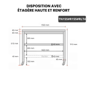 Table inox 1500 x 500 mm avec renfort sur roulettes / GOLDINOX