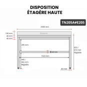 Table inox 2000 x 500 mm adossée avec 2 étagères / GOLDINOX