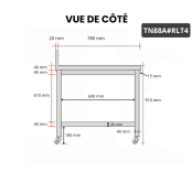 Table inox 800 x 800 mm adossée sur rouletes / GOLDINOX