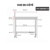 Table inox 1200 x 800 mm adossée sur roulettes / GOLDINOX