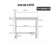 Table inox 1400 x 800 mm adossée sur roulettes / GOLDINOX