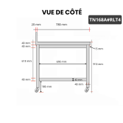 Table inox 1600 x 800 mm adossée sur roulettes / GOLDINOX