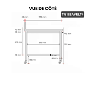 Table inox 1800 x 800 mm adossée sur roulettes / GOLDINOX