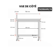 Table inox 2000 x 800 mm adossée sur roulettes / GOLDINOX