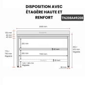 Table inox 2000 x 800 mm adossée avec renfort / GOLDINOX
