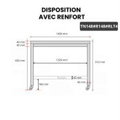 Table inox 1400 x 800 mm avec renfort sur roulettes / GOLDINOX