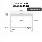 Table inox 1400 x 800 mm adossée avec renfort sur roulettes / GOLDINOX