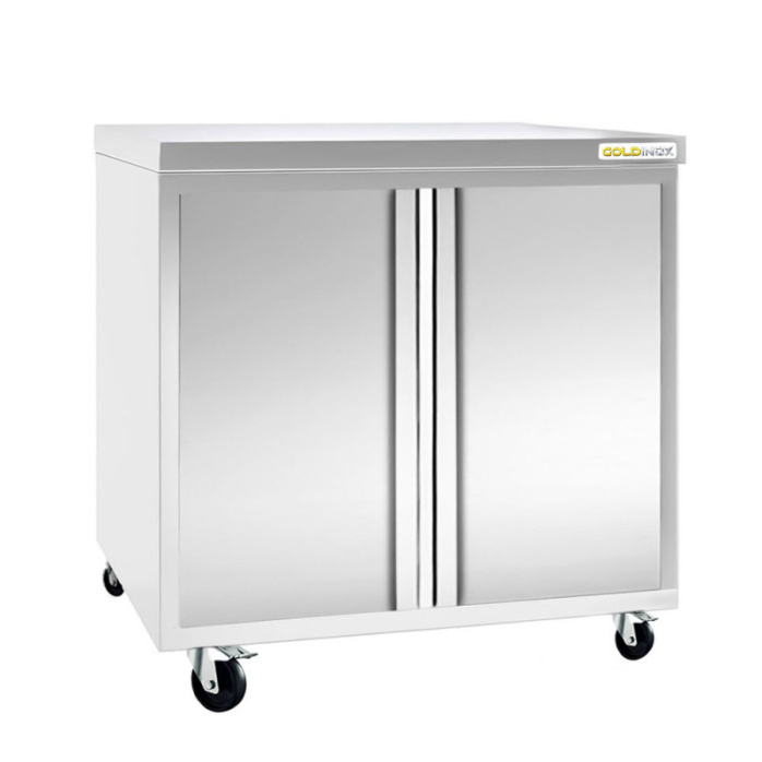 Meuble bas inox ouvert 800x600 mm sur roulettes PREMIUM - GOLDINOX