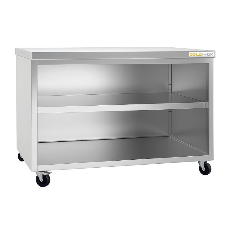Meuble bas inox 2000 x 600 mm sur roulettes PREMIUM / GOLDINOX