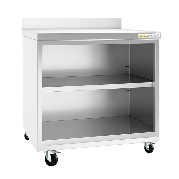 Meuble bas inox 600 x 600 mm adossé sur roulettes PREMIUM / GOLDINOX
