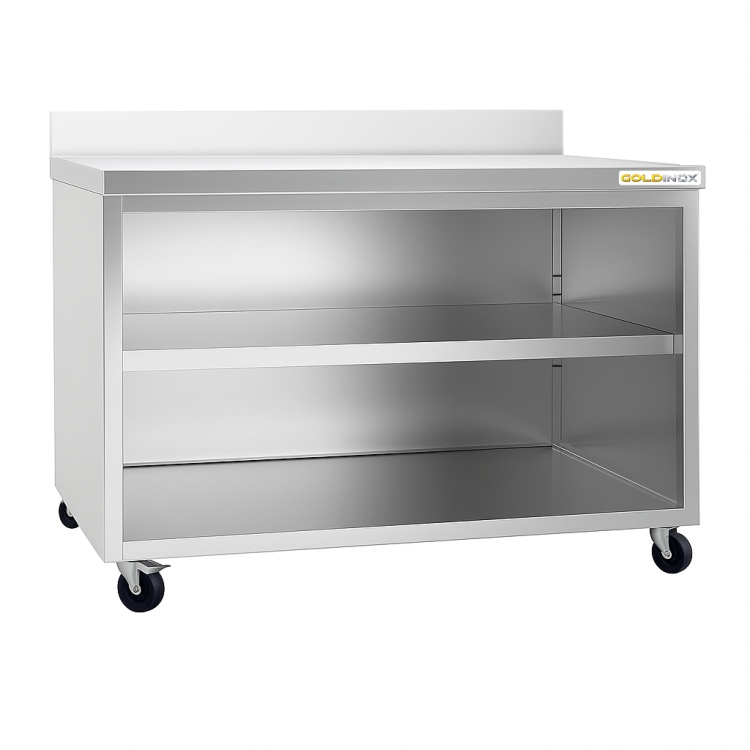 Meuble bas inox 1800 x 600 mm adossé sur roulettes PREMIUM / GOLDINOX