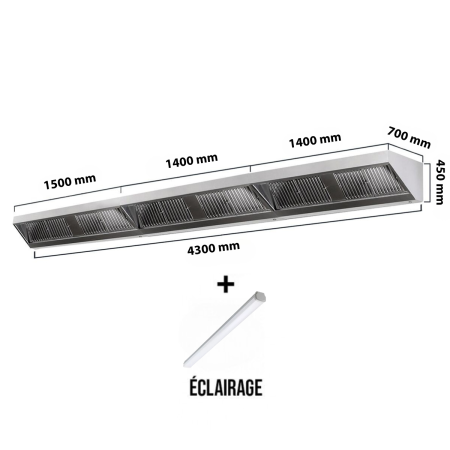 Hotte murale sans moteur 4300x700x450 mm avec éclairage, filtre et robinet de vidange PREMIUM / GOLDINOX