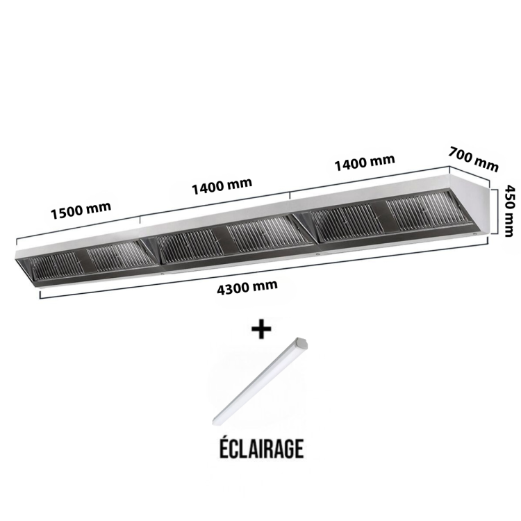 Hotte murale sans moteur 4300x700x450 mm avec éclairage, filtre et robinet de vidange PREMIUM / GOLDINOX
