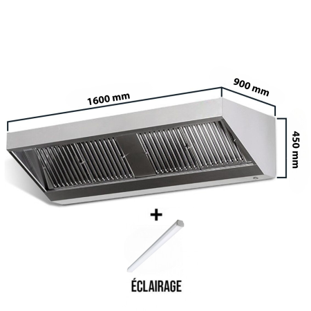 Hotte murale sans moteur 1600x900x450 mm avec éclairage, filtre et robinet de vidange PREMIUM / GOLDINOX