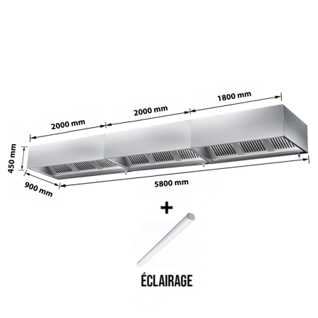 Hotte caisson sans moteur 5800x900x450 mm avec éclairage, filtre et robinet de vidange PREMIUM / GOLDINOX